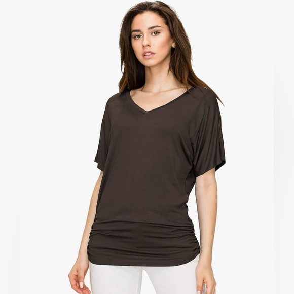 Women's Solid Short Sleeve Boat Neck V Neck Dolman Top with Side Shirring - Picture 4 of 5